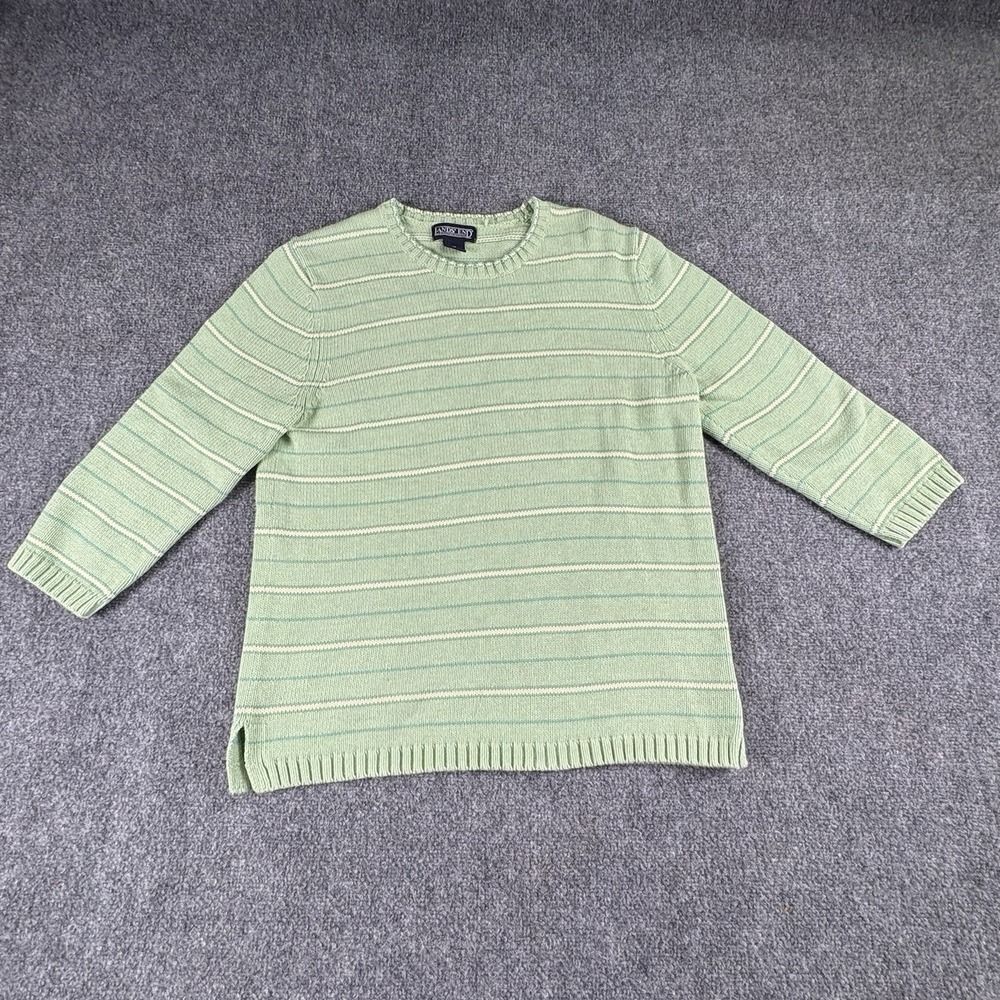 Vintage 90s Lands' End Sweater Women's M Green Striped Preppy Coastal Knit Work